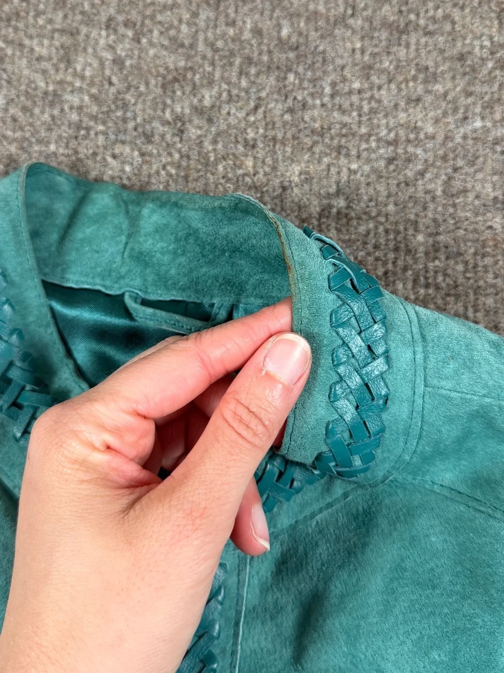Y2K Bradley Teal Blue Suede Leather Jacket Women’s M Mandarin Collar Woven Trim - Picture 11 of 16